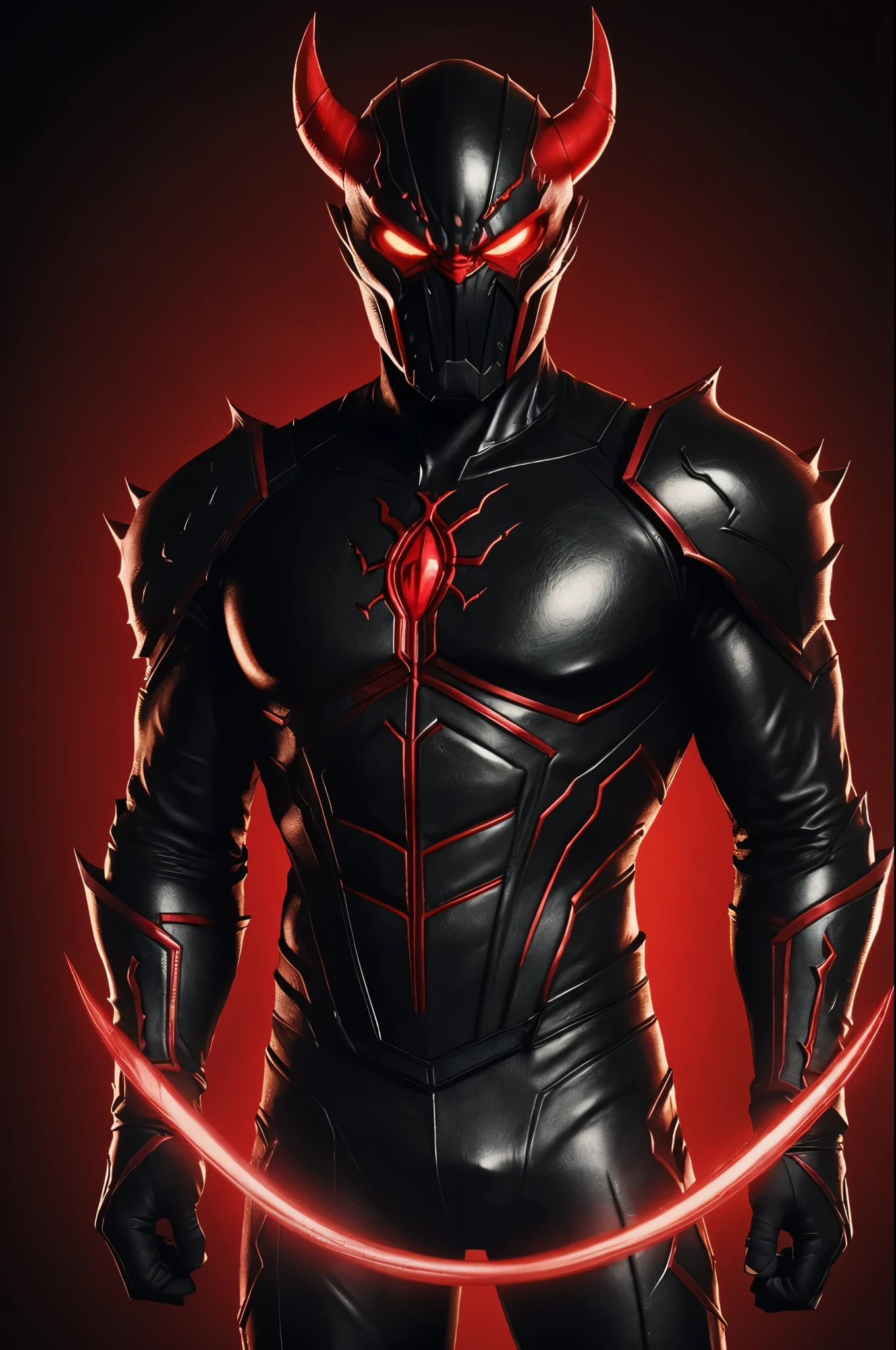 (I need a homelander design with the animated style of The Boys diabolical, but with the difference that his body and suit will be completely black but with red outlines, His face will be expressionless and completely black with only a pair of bright, angry red eyes.)