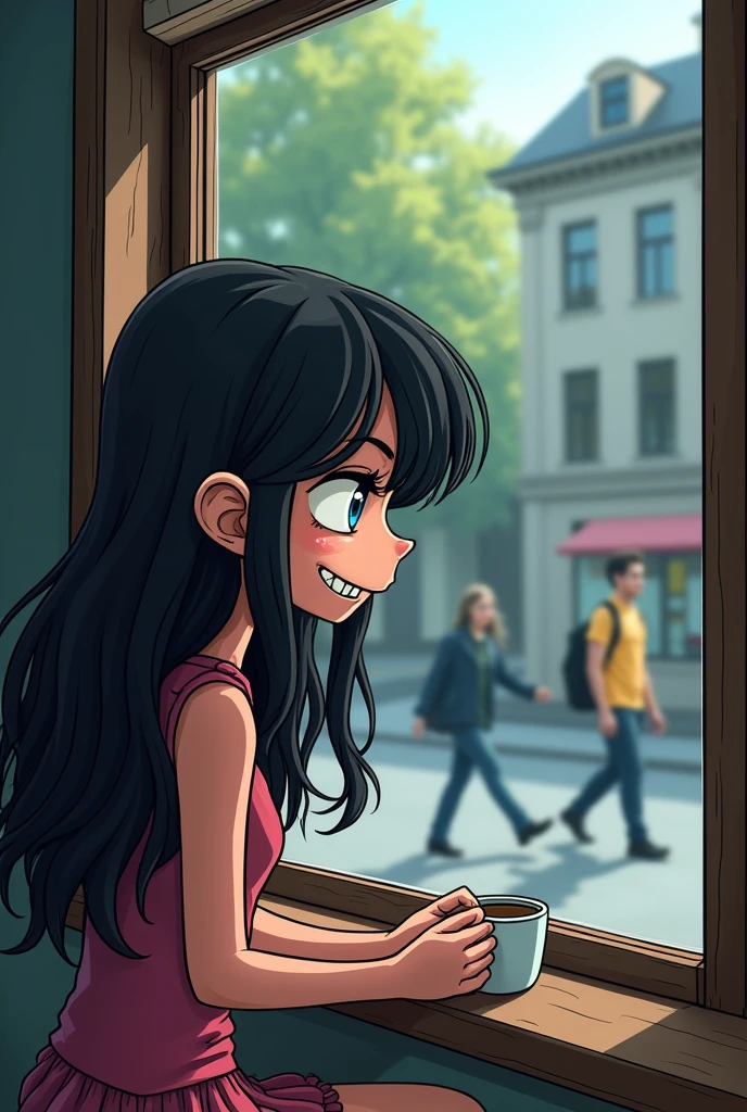 Young girl with long evil hair and a disturbing smile watches people pass by through the window while drinking coffee, sitting cartoon style