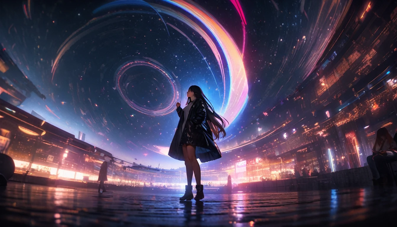 8k,wallpaper of extremely detailed CG unit, masterpiece,hight resolution,top-quality,top-quality real texture skin,hyper realisitic,increase the resolution,RAW photos,best qualtiy,highly detailed,the wallpaper,cinematic lighting,ray trace,golden ratio, BREAK ,many stars twinkling in a beautiful bright winter night sky, long exposure starry sky with many circular orbits, silhouette of a cute young woman with long hair with her hands in her coat pockets looking up at it, photo taken from long distance, photo from below, beautiful kaleidoscope multiple exposures overlapping