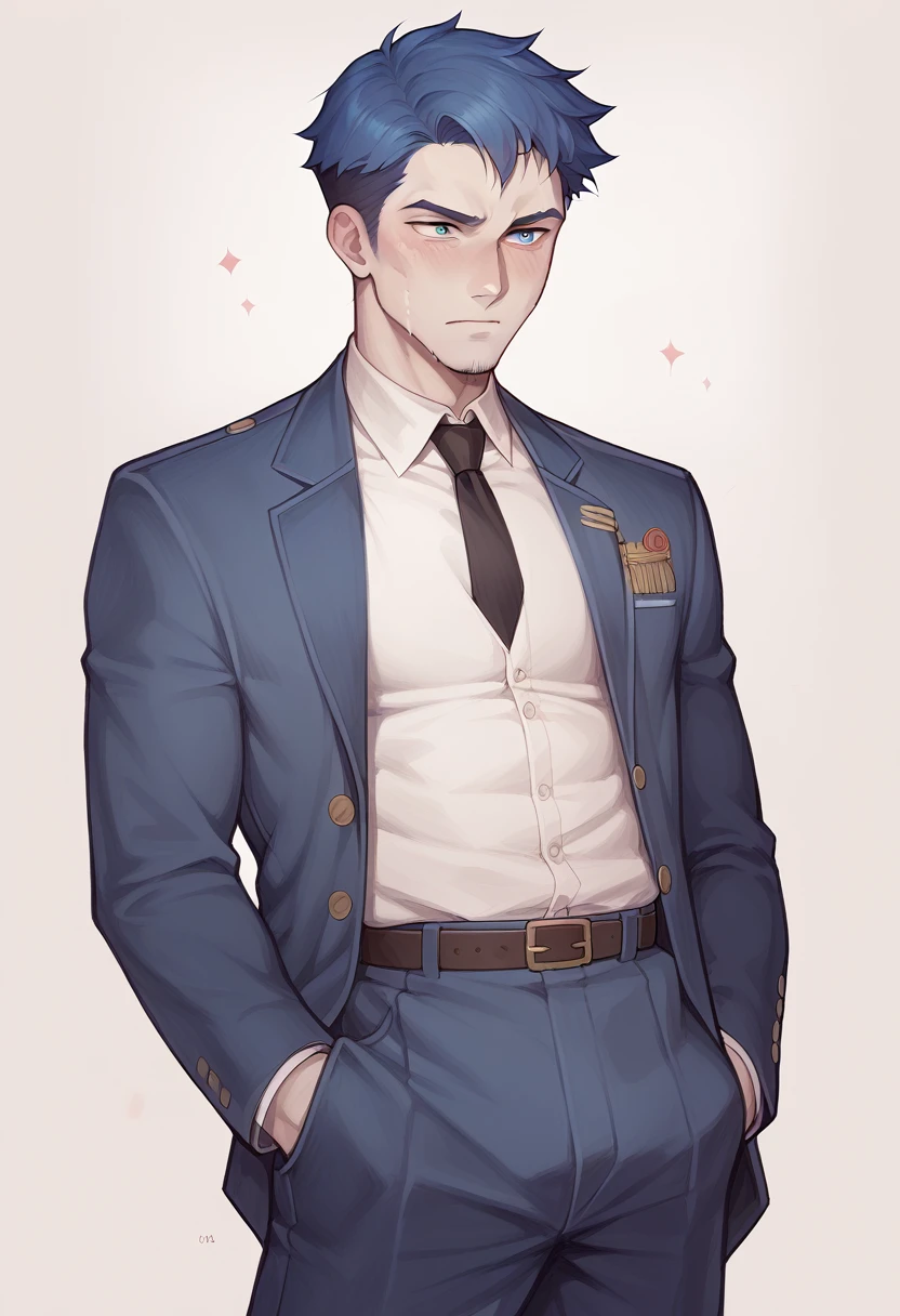 "A quiet and introspective  boy with short, straight dark blue hair and pale skin, wearing a traditional Japanese school uniform with a navy-blue blazer and white shirt. He is standing and looking at the camera with a contemplative expression. He has a black tie and is holding a sketchbook, suggesting his artistic and thoughtful nature." visual novel character