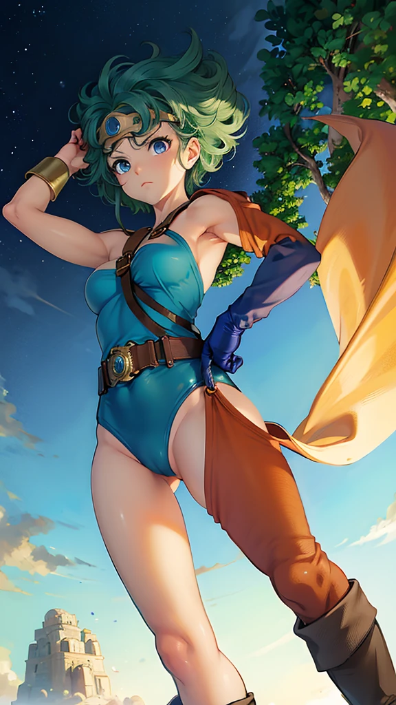 (((SFW、sound、Highest quality、Top notch work、Normal body、、Detailed face、Ultra-precision、Normal hand、のrefer、5refer、Highest)))、beautiful girl、Green Hair、yamato nadeshiko、Small breasts、Shortcuts、Blue leotard、Muscular、Red Cape、Circlet、Dragon Quest、Female Heroes、 Fight、Fight準備完了、Sweep with a sword、Please put your hands together in front of you.、Place your hands behind your back、Please put your hands on your hips、cover your chest with your hands、((Executed perfectly:Frame yourself from head to toe,Standing posture,Draws in great detail、There is no anatomical problem))、forest