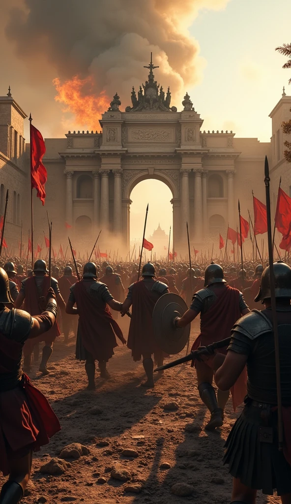 The Barbarian Invasion A dramatic scene of barbarian warriors breaching the city gates of Rome, with flames and smoke rising in the background. Roman soldiers look overwhelmed and frightened, as chaos erupts around them