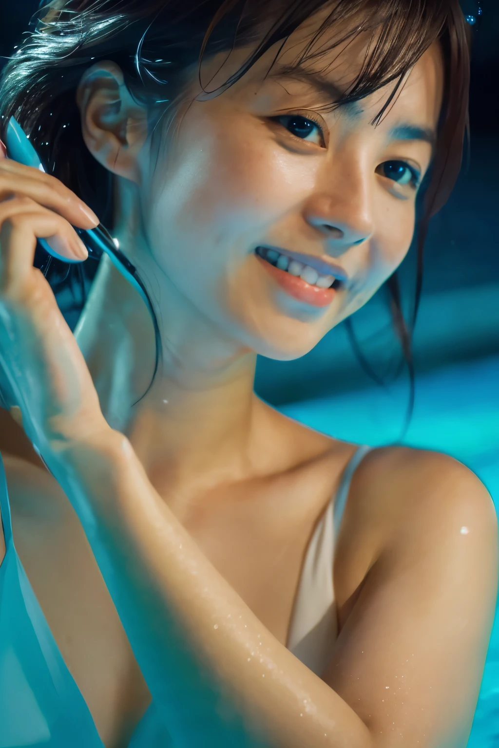 ((masterpiece, highest quality, Highest image quality, High resolution, photorealistic, Raw photo, 8K)), Swimming stadium at night, Japanese lady getting ready in the lights, wet bodies, detailed face, detailed eyes, upper body photo