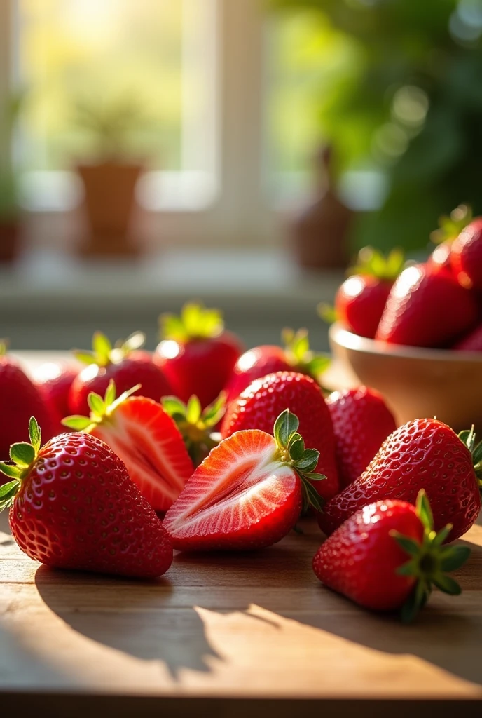fresh strawberries on a table, some chopped and others whole, with reflections of sunlight inside the kitchen, In a very gourmet and professional photograph leaving a space in the photo from the middle up