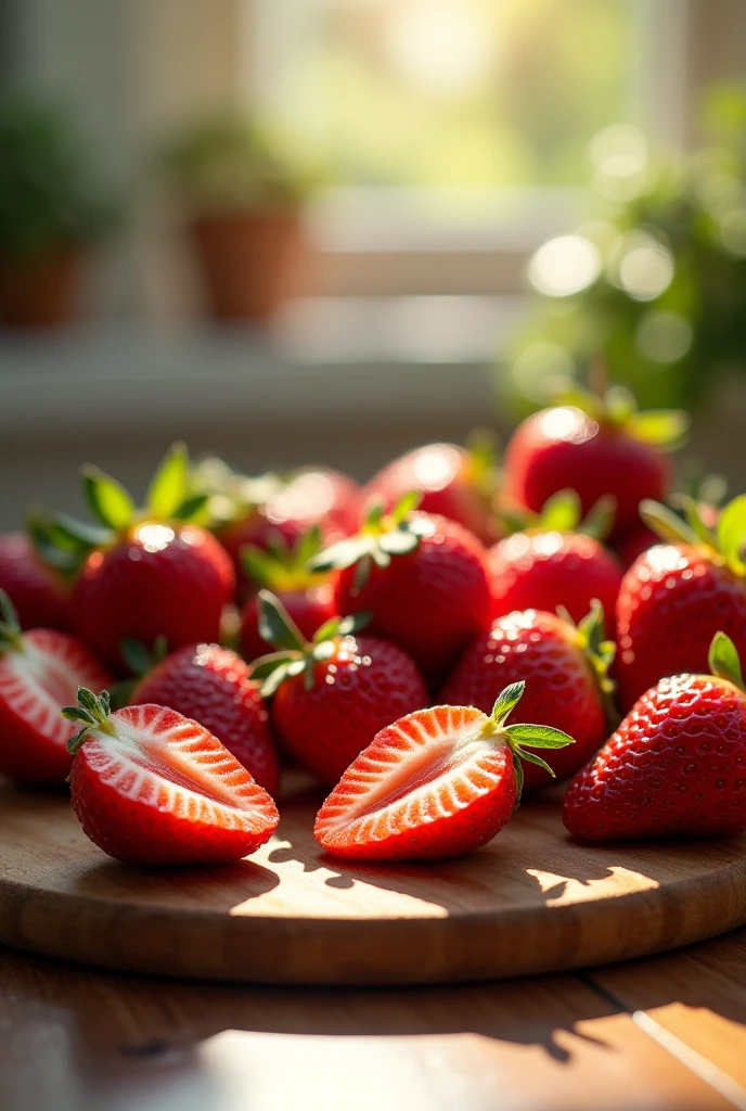 fresh strawberries on a table, some chopped and others whole, with reflections of sunlight inside the kitchen, In a very gourmet and professional photograph leaving a space in the photo from the middle up