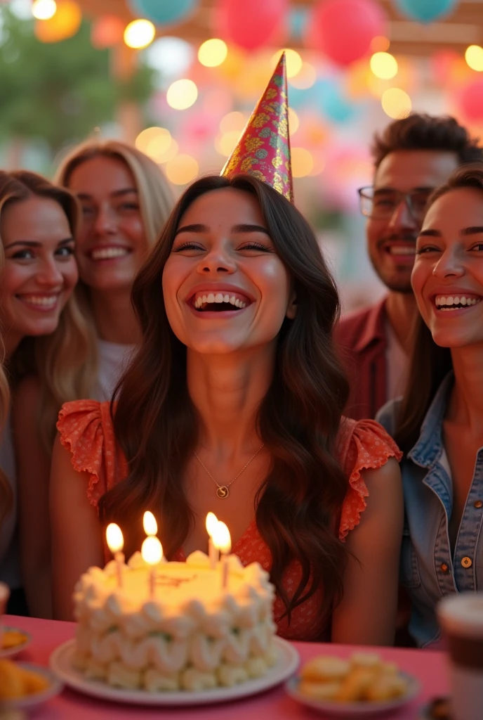plano general, escena completa, cuerpo entero, a 28 years brunette girl celebrating her birthday, extreme happiness and joy, friends observing the scene with happiness, detailed face and expression, warm lighting, vibrant colors, beautiful background, photorealistic, 8k, (best quality,4k,8k,highres,masterpiece:1.2),ultra-detailed,(realistic,photorealistic,photo-realistic:1.37),HDR,UHD,studio lighting,ultra-fine painting,sharp focus,physically-based rendering,extreme detail description,professional,vivid colors,bokeh,portrait