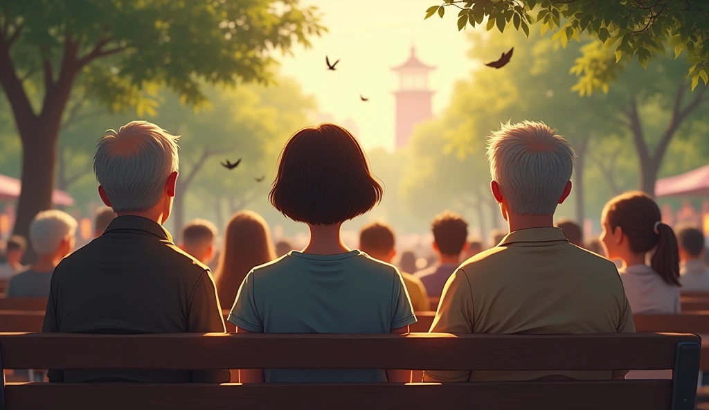 Shots of people sitting on benches, listening carefully, some with their eyes closed, others gently moving their heads to the rhythm of the music.