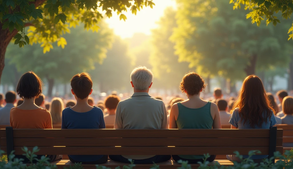 Shots of people sitting on benches, listening carefully, some with their eyes closed, others gently moving their heads to the rhythm of the music.