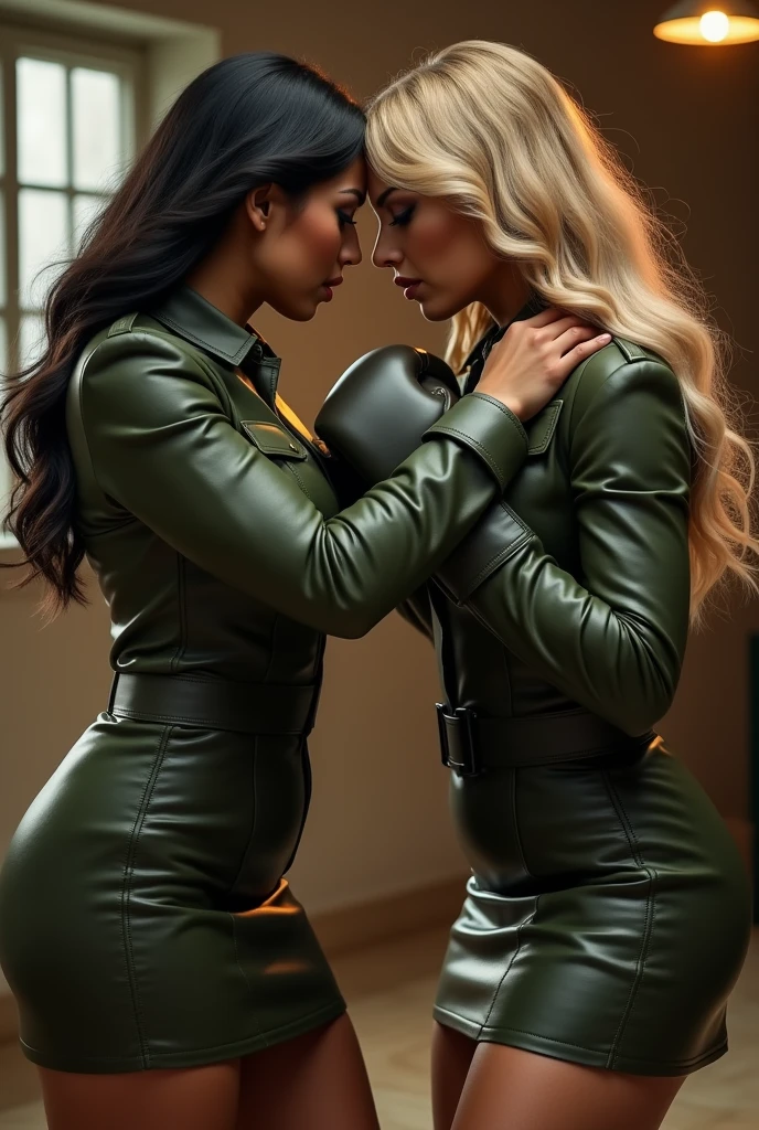 2 women fighting, catfight, (thicc stunning busty voluptuous Denise Milani with stylish jet-black hair firm round breasts and a thicc voluptuous hourglass figure with thick thighs) fighting in a violent boxing match against a (tall toned busty mature blonde Erika Eleniak). Both women are wearing olive green leather army shirts and olive green leather knee-length a-line business skirts, stockings and stiletto-heeled shoes. The two women hate each other and are angry and aggressive. The scene is a boxing match between two female soldiers who hate each other and want to beat each other up. Both women have incredibly huge breasts and are jealous of each other.