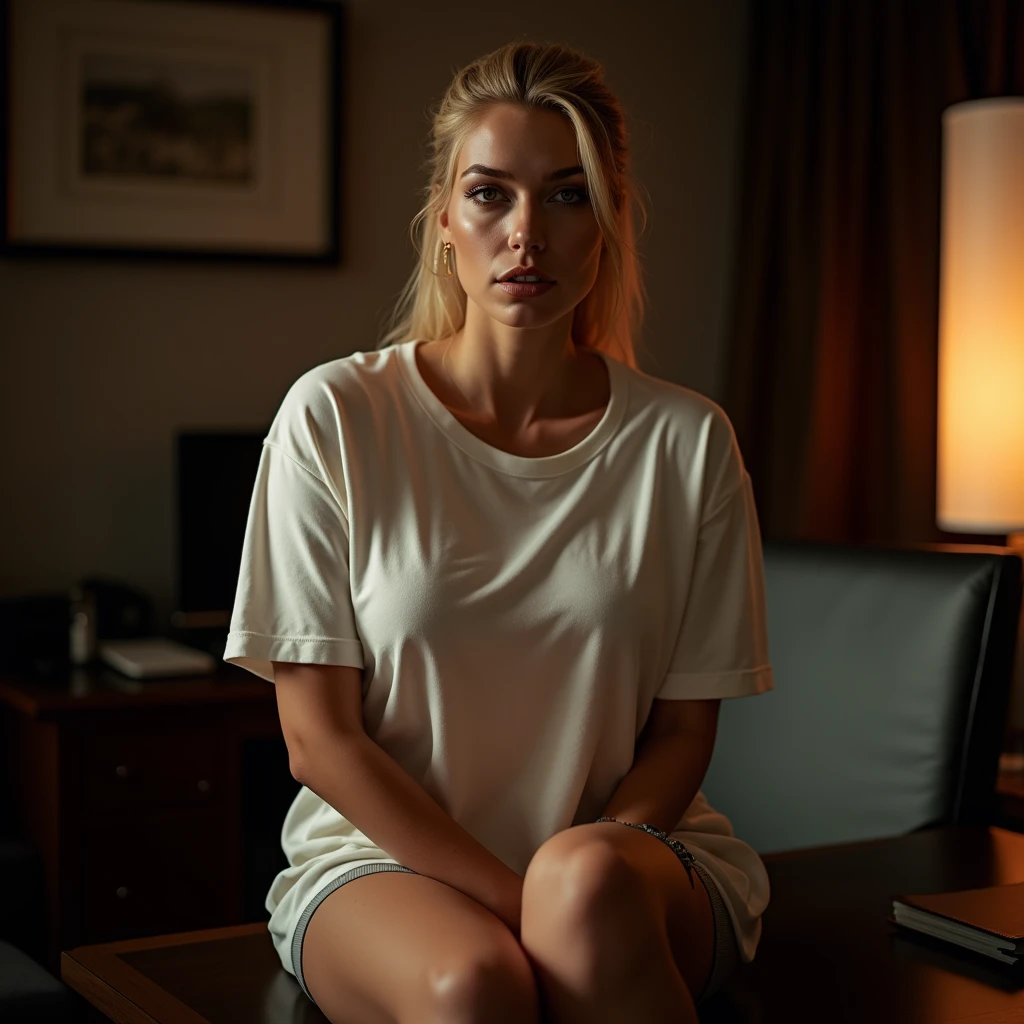 blonde Sexbombe , Ponytail hair, wear a large white T-shirt, sitting on an office desk in a hotel room and taking a close-up selfie at night https://image.cdn2.seaart.AI big breasts/2024-08-26/cr6fdlte878c73fkjg30-4/8178000fb3f236648553d8b6f5a04740_high.webp