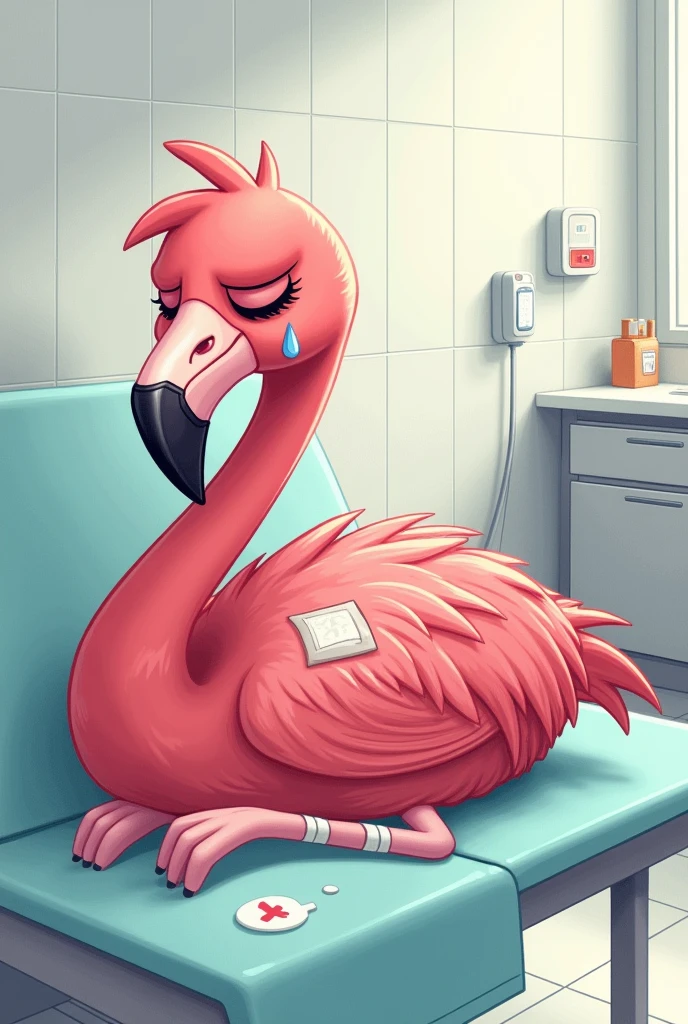 Injured flamingo in hospital sad cartoon 