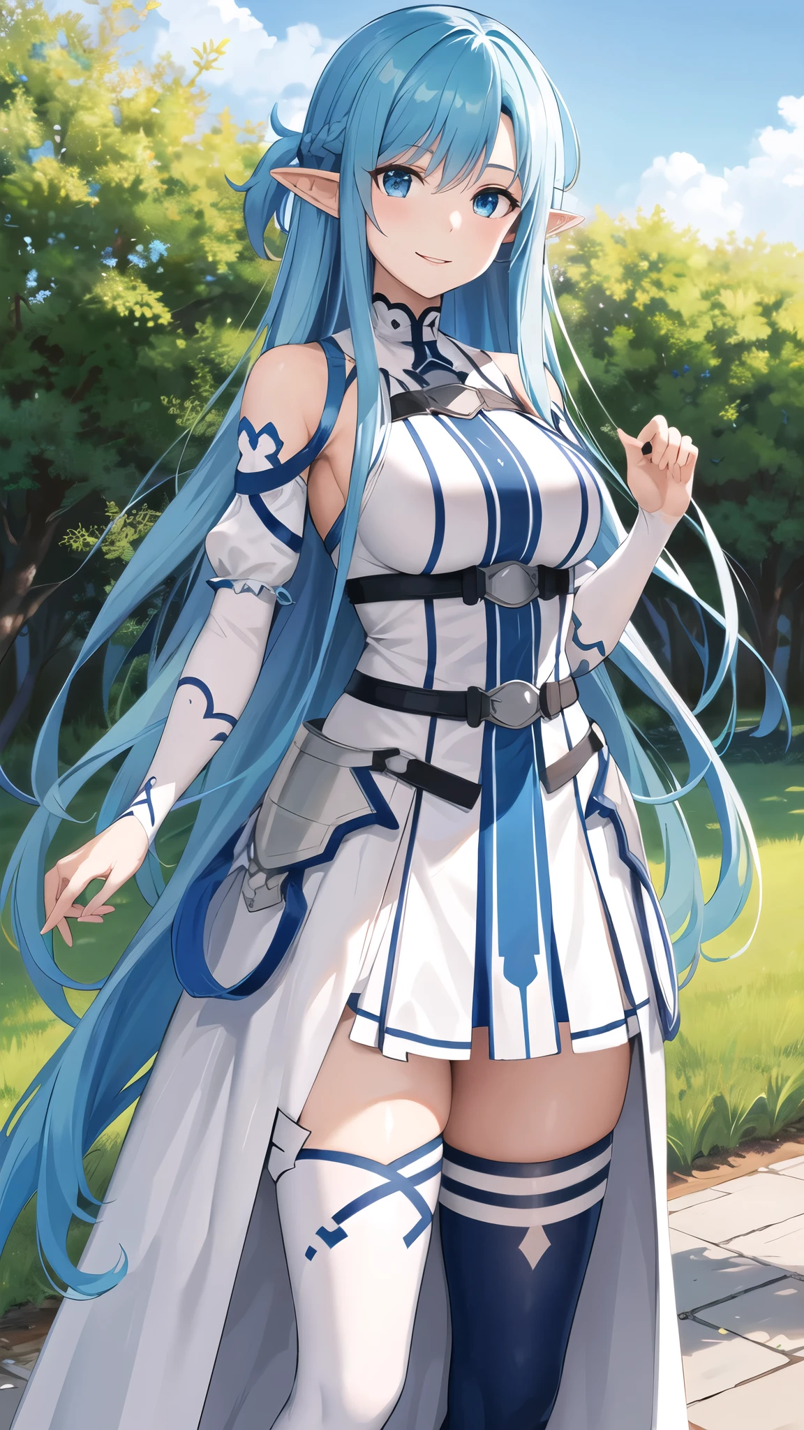 masterpiece, best quality, highres, bbasuna, long hair, blue hair, blue eyes, pointy ears, white dress, detached sleeves, blue thighhighs, standing, cowboy shot, outdoors, smile,
