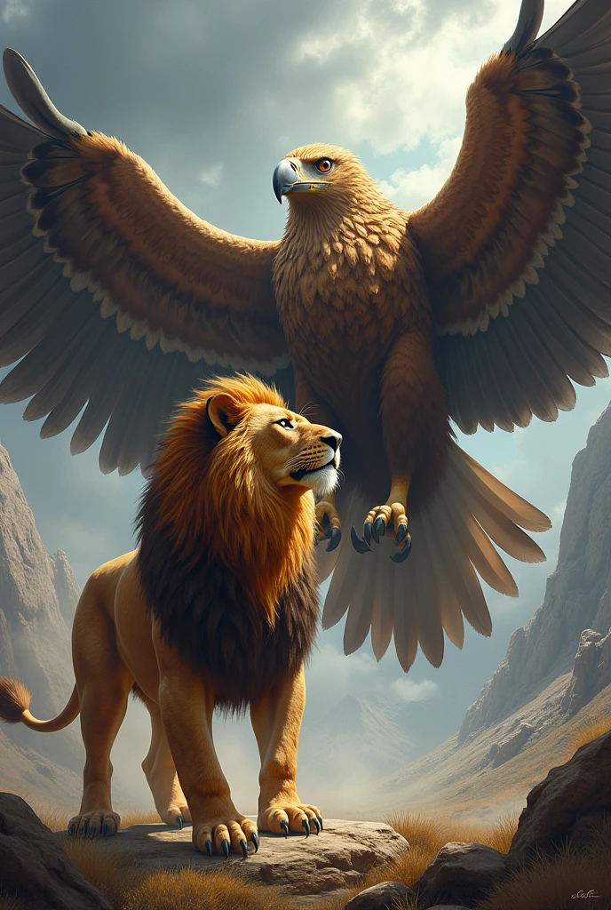 a lion with fiery eyes and a huge eagle, Background