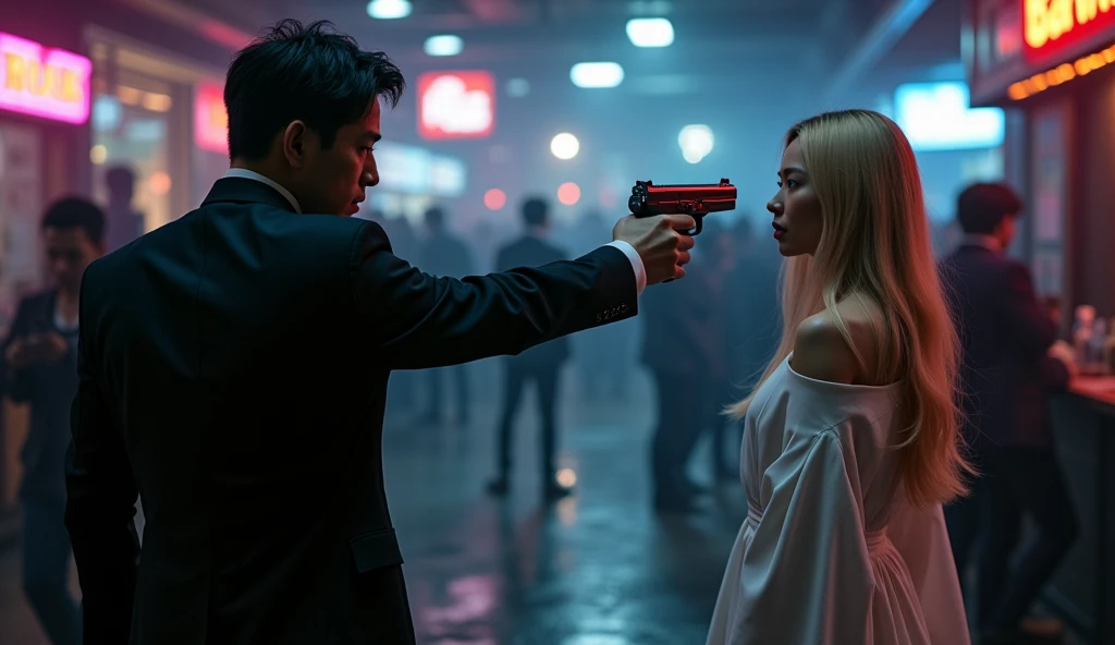 an asian man in black clothes, standing backwards, pointing a gun at a long haired blonde Asian woman in white clothes, in a night club