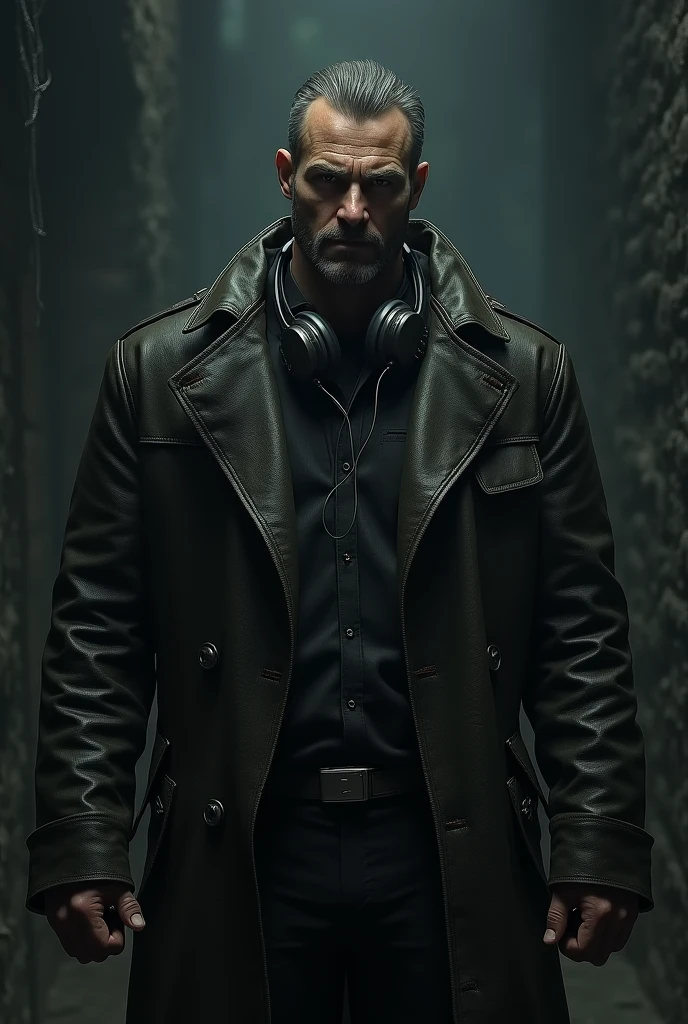 man with an angry face, he wears a leather coat and has a headset hanging around his neck, he is in a dark place
