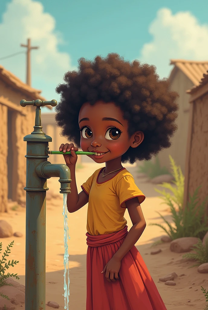Girl brushing teeth using open tap africa