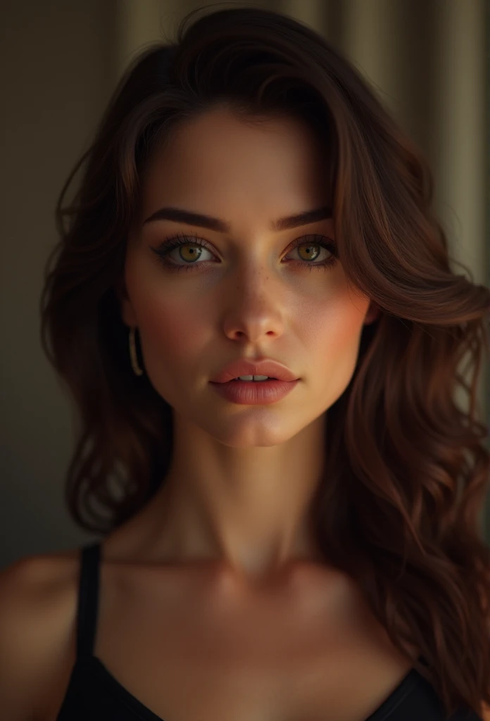 chubby, brunette, sexly, (best quality,4K,8k,high resolution,head of&#39;artwork:1.2),ultra-detailed,(realistic,photorealistic,photo-realistic:1.37),HDR,studio lighting,Highly detailed face and body, portrait,Cinematic lighting,Dramatic lighting,warm color tones,couleurs dramatiques