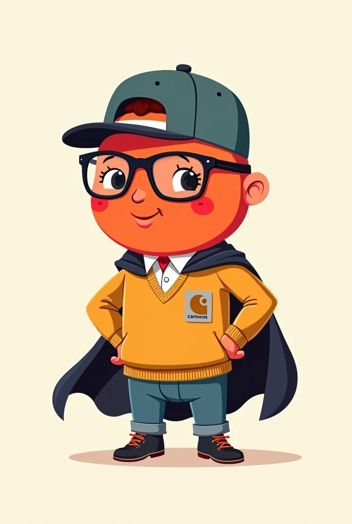 Drawings of a lawyer (fruit) referring to a superhero with a carhartt sweater and a backwards cap with glasses drawn in a minimalist and cute logo style