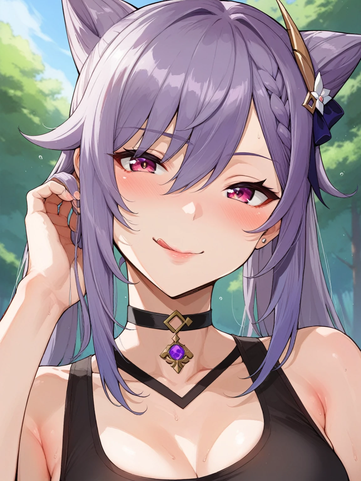 score_9, score_8_up, score_7_up, score_6_up, source_anime, BREAK by ikuchan kaoru, iku, clean color, flat color,1girl, genshin impact, keqing genshin impact, outdoors, in Forest, face focus, face closeup, face, face only, smug, shy, embarrassed, licking lips, ((seductive)), alluring, seduce, hair over one eye, tongue, licking lips, adjusting hair, BLACKED, BLACKED CHOKER, BLACKED CLOTHING, BLACKED ATTIRE, MEME ATTIRE
