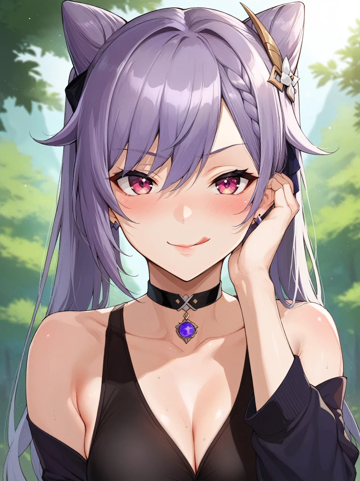 score_9, score_8_up, score_7_up, score_6_up, source_anime, BREAK by ikuchan kaoru, iku, clean color, flat color,1girl, genshin impact, keqing genshin impact, outdoors, in Forest, face focus, face closeup, face, face only, smug, shy, embarrassed, licking lips, ((seductive)), alluring, seduce, hair over one eye, tongue, licking lips, adjusting hair, BLACKED, BLACKED CHOKER, BLACKED CLOTHING, BLACKED ATTIRE, MEME ATTIRE
