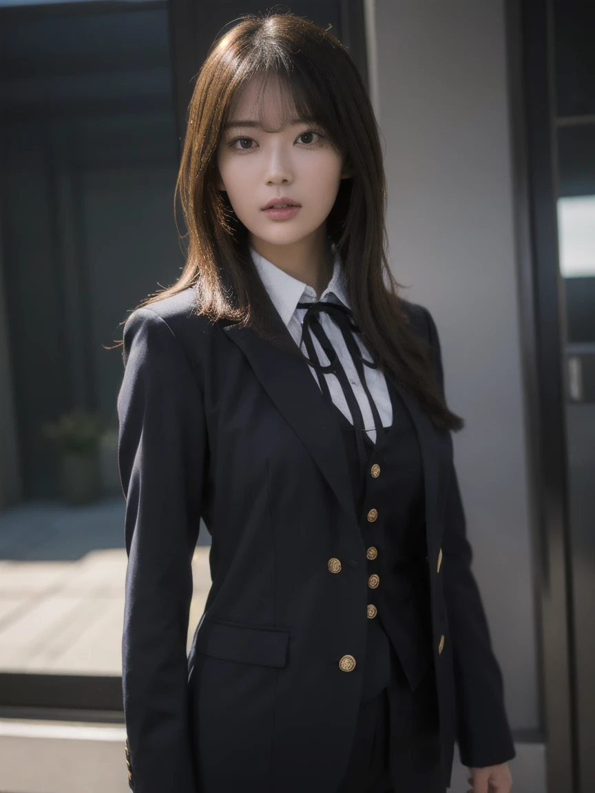 One person, woman, masterpiece, Highest quality, Highest quality, Natural light, Volumetric lighting, Very detailed CG unity 8k wallpaper, Concentrated, 8k wallpaper, Very detailed, Ultra-realistic, Realistic, Sharp focus, Absurd, (High resolution:1.2), (High Contrast), photograph, Detailed and complex, Instagram, Portraiture, Very detailed, Digital Painting, Art Station, Concept Art, Smooth, Sharp focus, figure, (whole body:1.3), New graduates, Wearing a recruit suit, 
