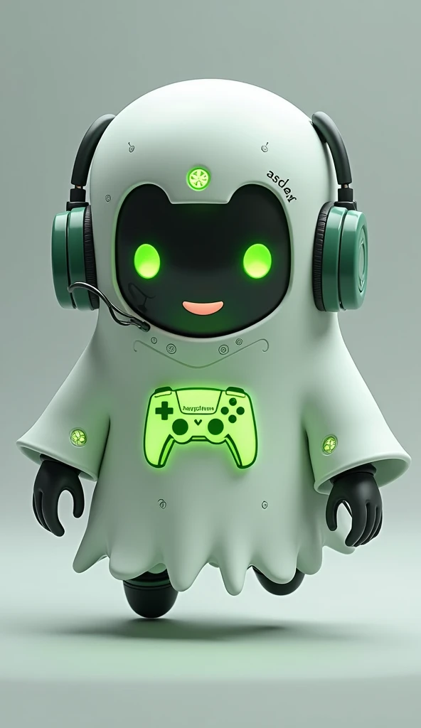 Create a medium-sized robot pet with a ghost-like appearance. With slightly rounded shapes resembling a drop. Create a medium-sized robot pet with a ghost-like appearance. With slightly rounded shapes resembling a drop. On your hands you have well defined fingers. His facial expression has large, green eyes with a glow, conveying a friendly and cheerful expression. He has a small open mouth with a happy smile and flushed cheeks.. Its body is white with small green details and a smooth, slightly shiny texture.. On his forehead is written the word "Soulgamer".He has a headset on his head with an adjustable microphone positioned close to his mouth.. And on his chest you can see the illuminated shape of a Playstation 5 controller in fluorescent green.. It floats in the air, as if he were ready for an adventure.