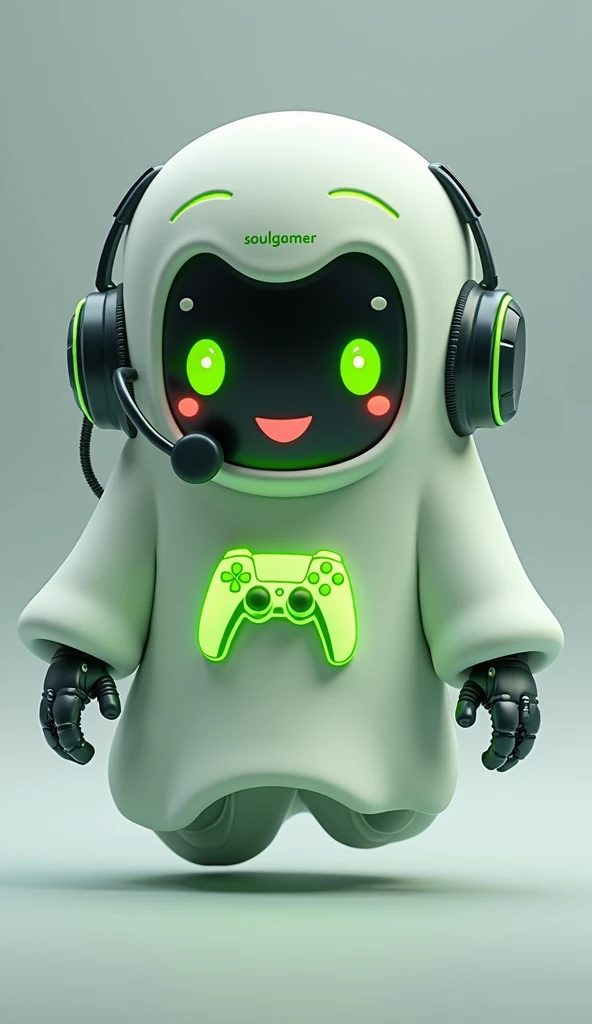 Create a medium-sized robot pet with a ghost-like appearance. With slightly rounded shapes resembling a drop. Create a medium-sized robot pet with a ghost-like appearance. With slightly rounded shapes resembling a drop. On your hands you have well defined fingers. His facial expression has large, green eyes with a glow, conveying a friendly and cheerful expression. He has a small open mouth with a happy smile and flushed cheeks.. Its body is white with small green details and a smooth, slightly shiny texture.. On his forehead is written the word "Soulgamer".He has a headset on his head with an adjustable microphone positioned close to his mouth.. And on his chest you can see the illuminated shape of a Playstation 5 controller in fluorescent green.. It floats in the air, as if he were ready for an adventure.