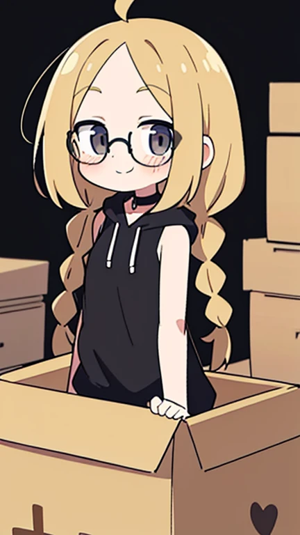 Beige hair color, center parted bangs, forehead exposed, no hair antennae on the sides of the face, large glasses, black sleeveless hoodie, bob hair with reduced volume, long braids on both sides reaching down to the chest, holding a large cardboard box with materials in both hands, gray eyes, shy smile, choker, adult woman, blushing cheeks, beautiful, surrounded by cardboard boxes, black sleeveless hoodie, character outlined in white, green recycling mark on the cardboard box she is holding