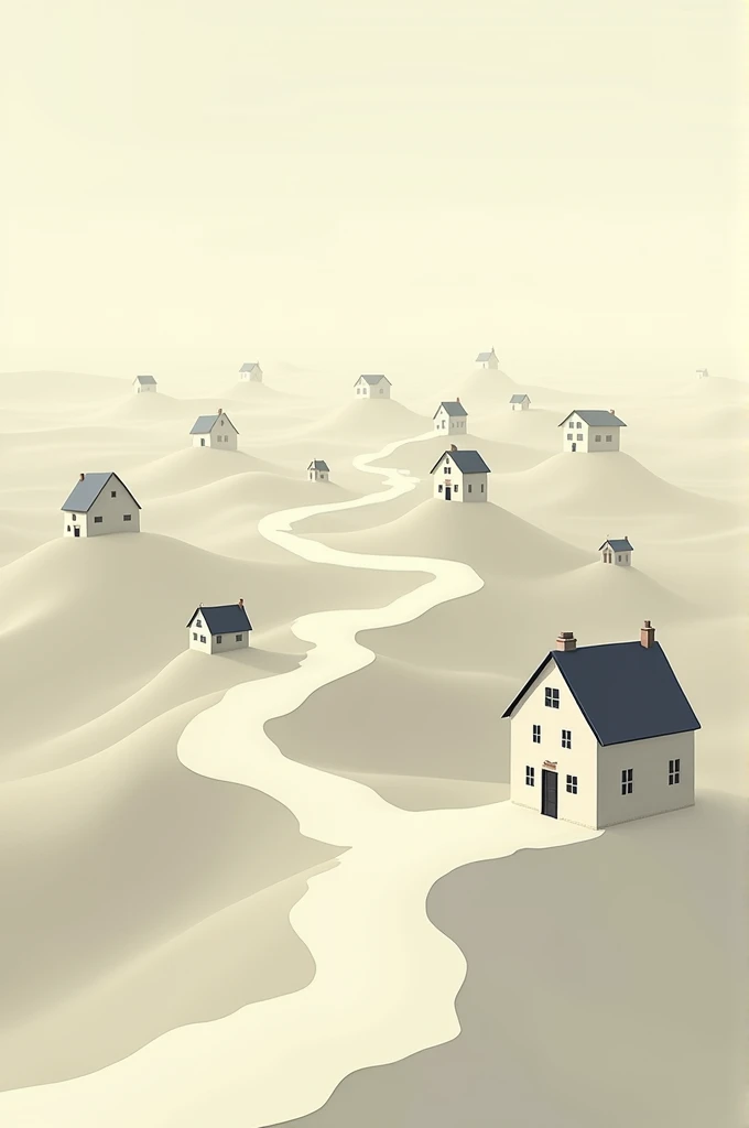A strangely empty plain with small hills with houses at the top., All the houses seem to be connected by one-lane streets and only appear to be painted. The sky is completely clear and there are no trees