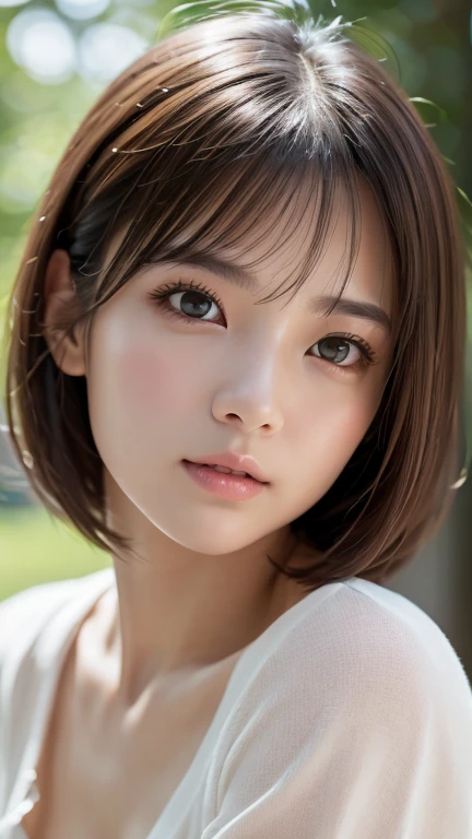 Highest quality、8k傑作、Ultra-high resolution、(Photorealistic:1.3)、RAW Photos、1 person、Brown hair short bob、Glowing Skin、1 personの超美人女子大生、((Ultra-Realistic Details))、Portrait、Global Illumination、Shadow、Octane Rendering、8k、Super sharp、Very intricate details、Realistic Light、CGSoation Trend、Beautiful Eyes、Shining Eyes、To the camera、