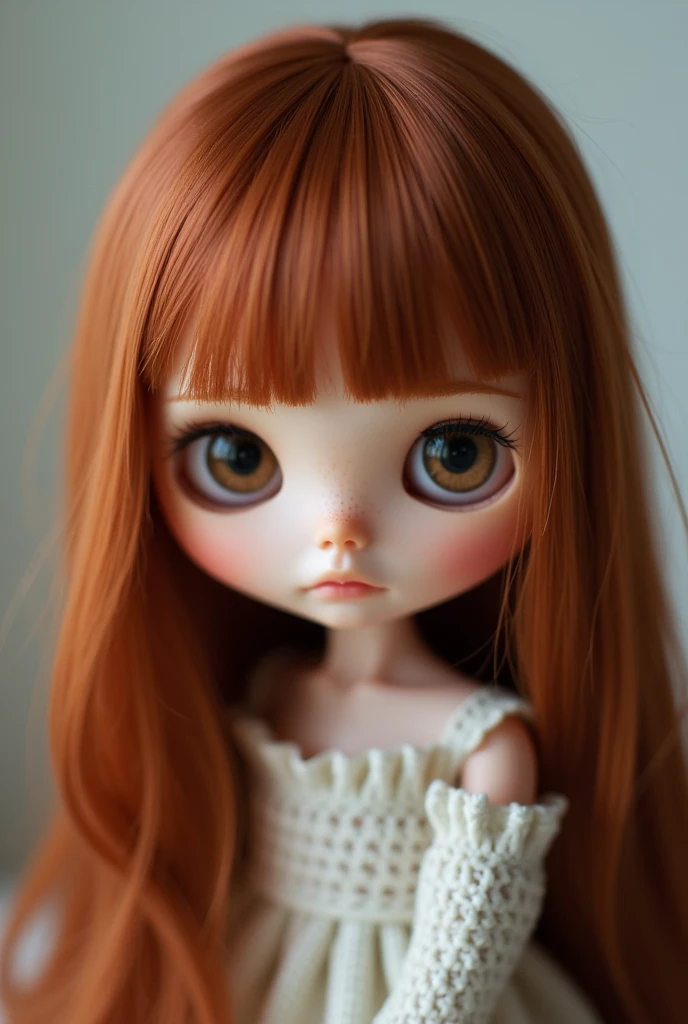 Blythe doll with straight coppery hair, no fringe brown eyes no fringe