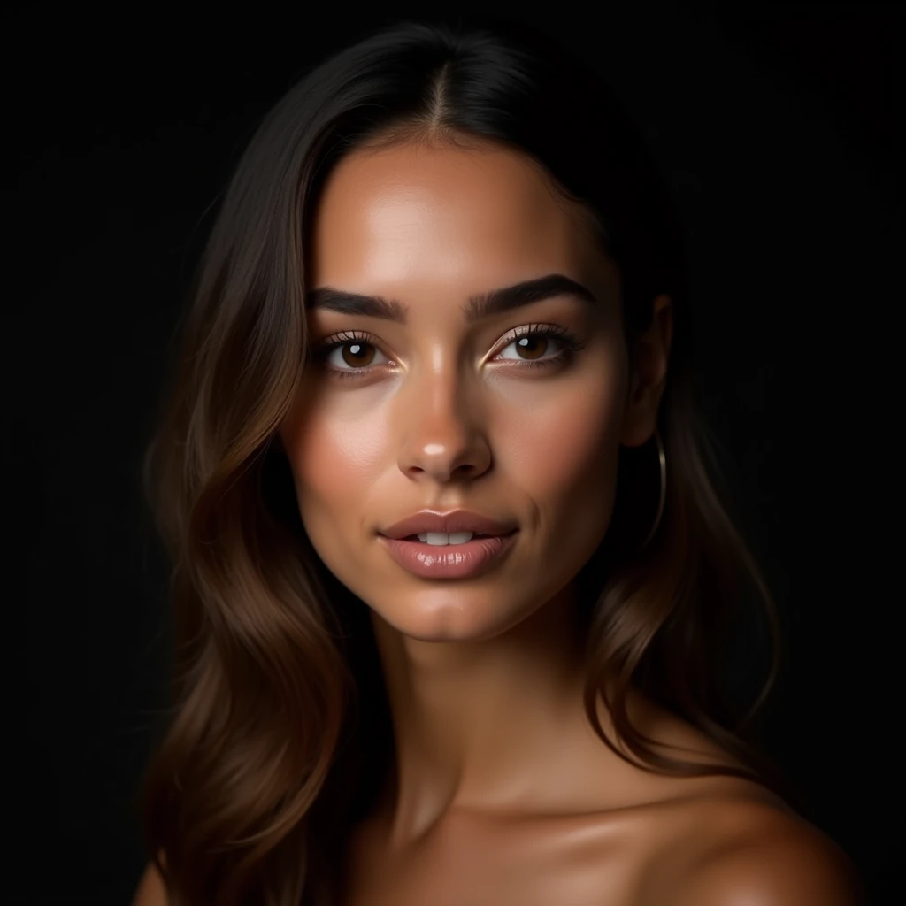 (realism, ULTRA realism, ULTRA DEFINED FACE, maximum details, skin pores, Natural wrinkles, realistic textures, perfect and beautiful eyes, beautiful lips, HYPER REALIMO, maximum reality, PROFESSIONAL CAMERA Fujinon XF 100 – 400 mm f/4.5 – 5.6 R OIS WR) Create a hyperrealistic portrait of an 1 Latina female model, slightly tanned white skin, She is beautiful and has delicate features. The model has a face with delicate features. Her eyes are beautiful, well defined light brown color, almond-shaped and a soft light brown color, framed by long dark eyelashes. She has finely arched eyebrows that complement the delicate structure of her face.. His nose is small and elegant, and her lips are full with a soft natural brown tone. Her hair is long, wavy and light brown, falling gently on his shoulders. The expression on her face is serene and graceful., with a slight hint of a smile. The background must be black, professional study, Professional lighting enhances and highlights the focus on your delicate features. The lighting is soft and even, highlighting the subtle contours of your face, giving the image a warm and cozy feel. maxima defincion
