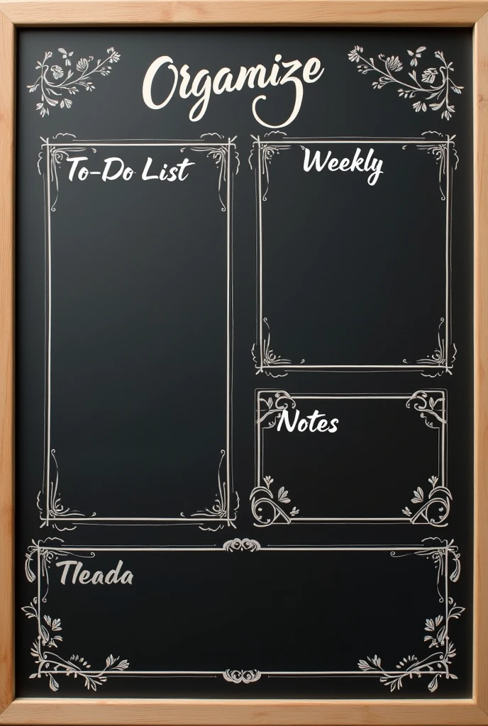 A stylish blackboard for organizing tasks, featuring sections for a to-do list, weekly agenda, and notes. The board has elegant chalk lettering, decorative floral borders, and small artistic icons like stars and vines, adding a creative and whimsical touch to each section.