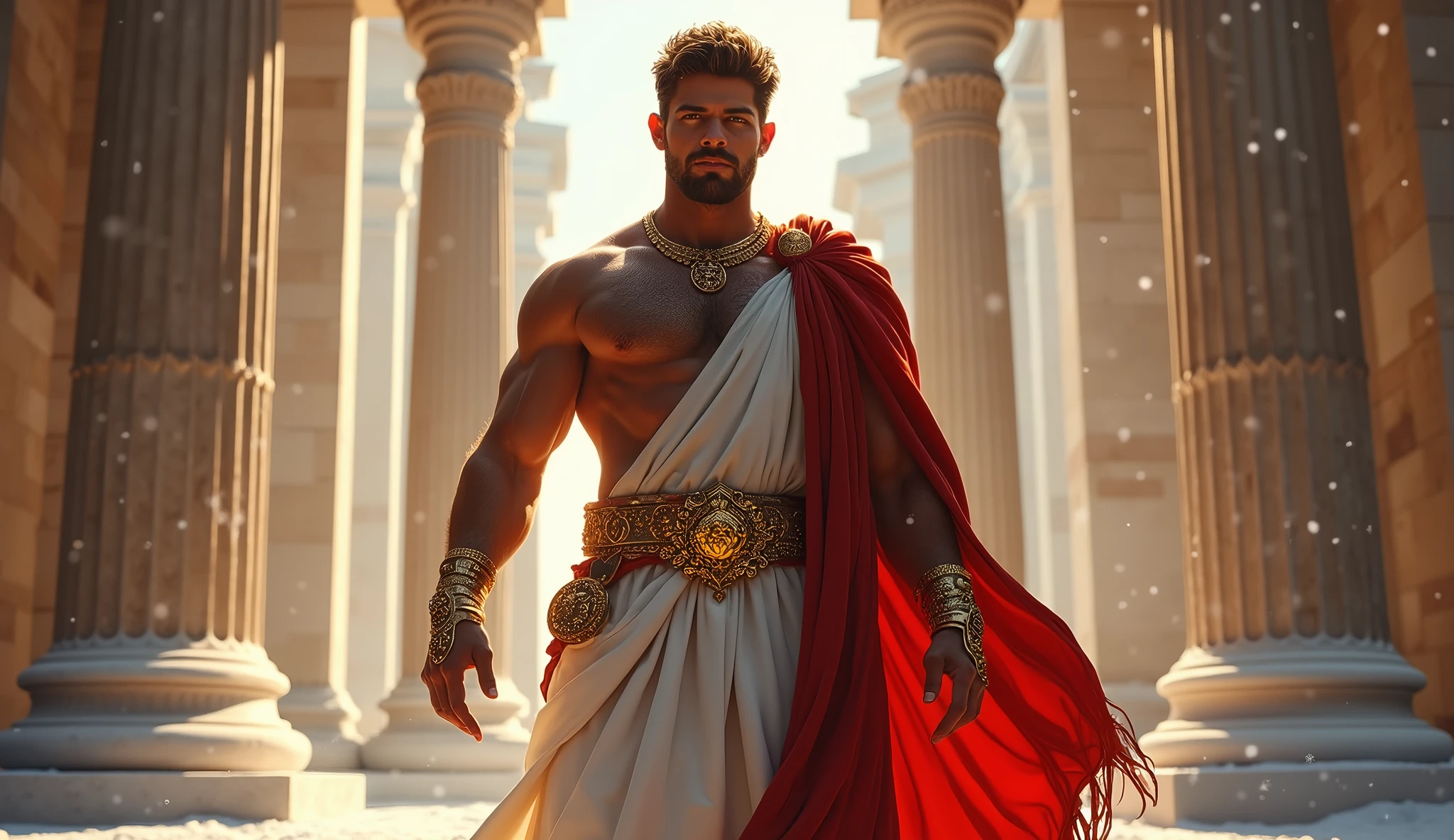 ((artwork)) ((body completo)) ((Full body inside the image)) ((30 year old man)) body: brownish skin, high, muscular, ((hairy chest)) ((platinum ruby hair)) male face, barbarian, pretty eyes, detailed eyes ((gold eyes)). Expression: seductive, sonrisa seductive. CLOTHES: Red Greek Cape, TOGA BLANCA, gold ornaments, greek prince ornaments. pose: dynamic. scene: greek temple, Greek columns. Decor: winter, Decor de winter brillante, wonderful lighting.