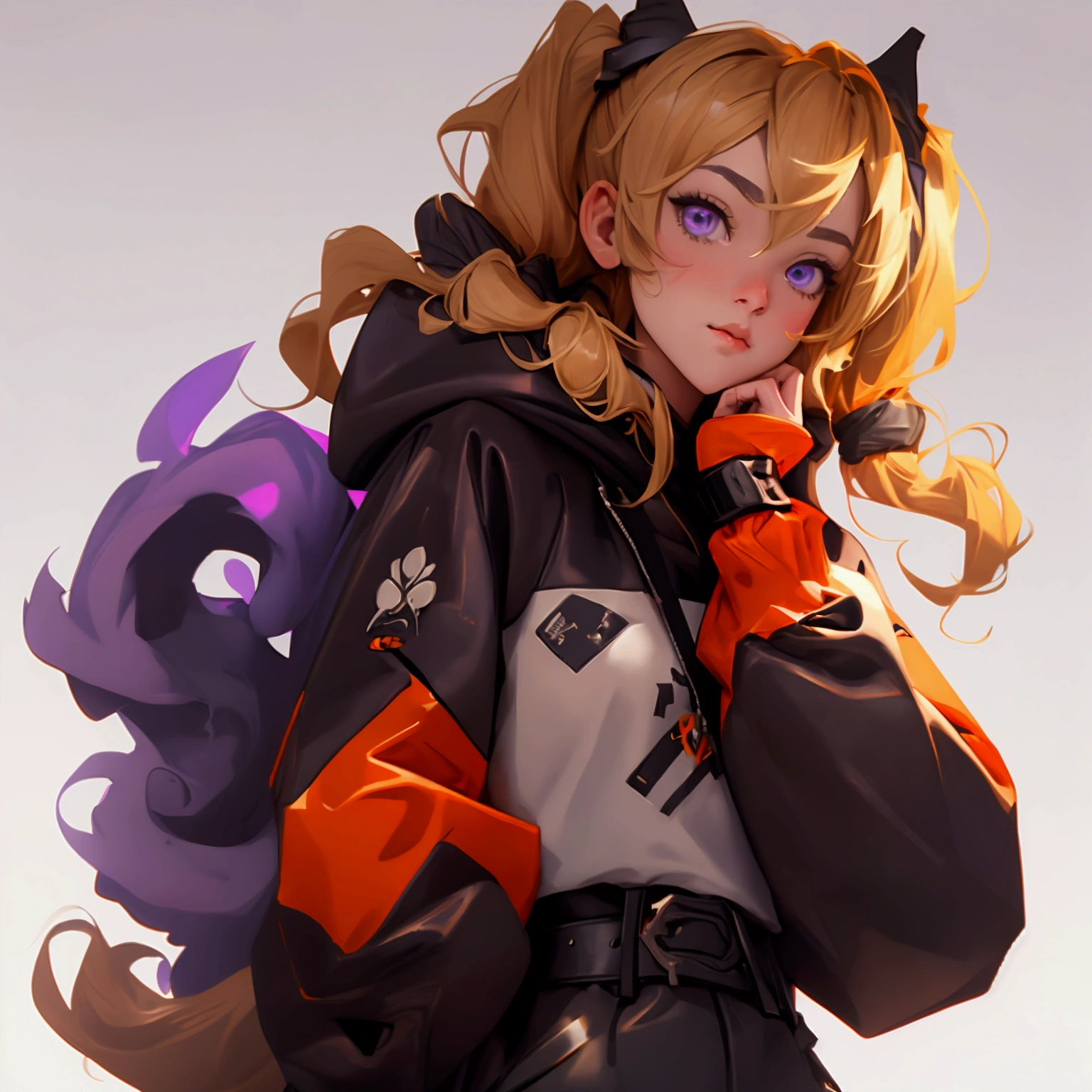 envision a 8k, highres, cinematic, close up beautiful portrait of a short girl named Gigi Murin with dark brown and blonde multicolored hair in twin tails, a tail, purple eyes, wearing an animal hood, hood up, orange jacket, cropped jacket, white shirt, mechanical gauntlets, orange belt, black shorts, single thighhigh, striped thighhigh against a dark background