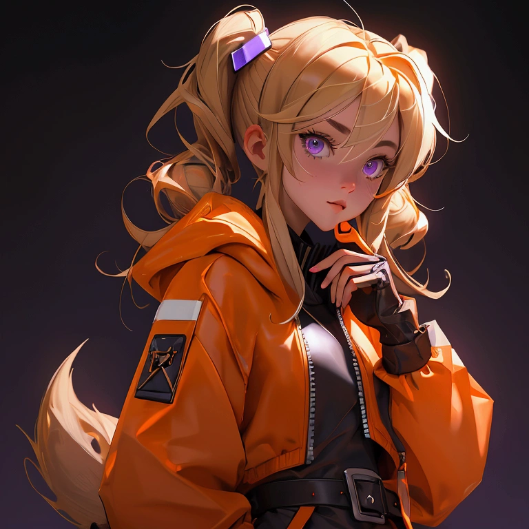 envision a 8k, highres, cinematic, close up beautiful portrait of a short girl named Gigi Murin with dark brown and blonde multicolored hair in twin tails, a tail, purple eyes, wearing an animal hood, hood up, orange jacket, cropped jacket, white shirt, mechanical gauntlets, orange belt, black shorts, single thighhigh, striped thighhigh against a dark background