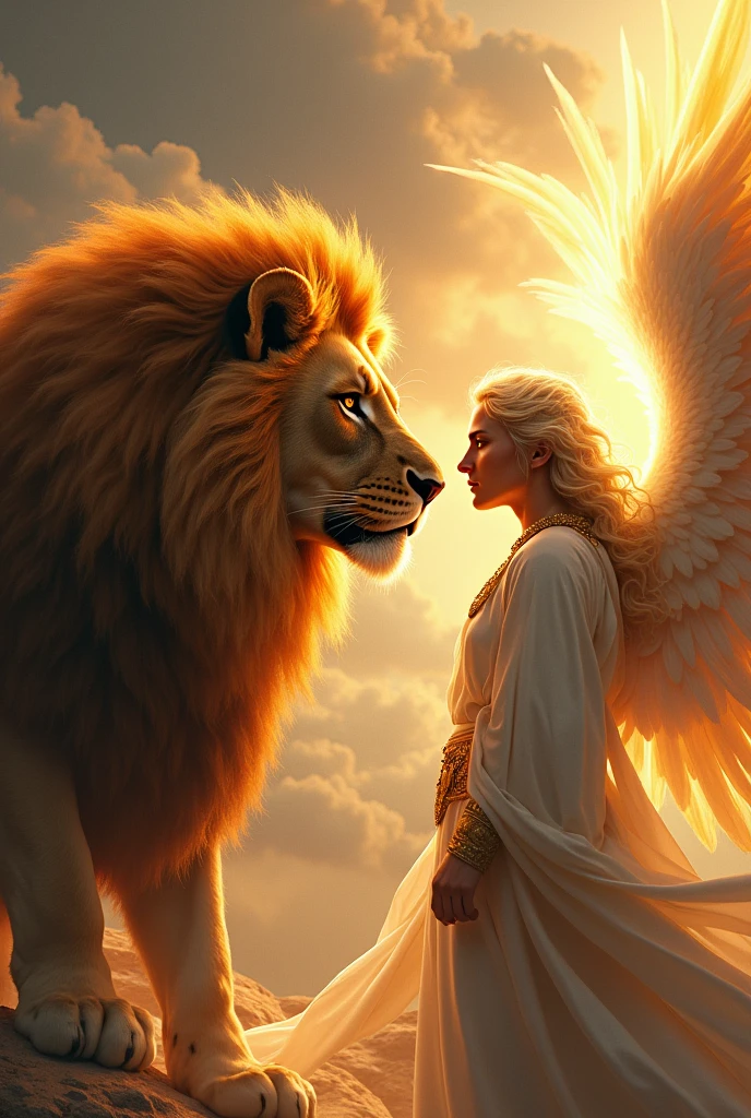 a lion with fiery eyes and a male archangel, Background