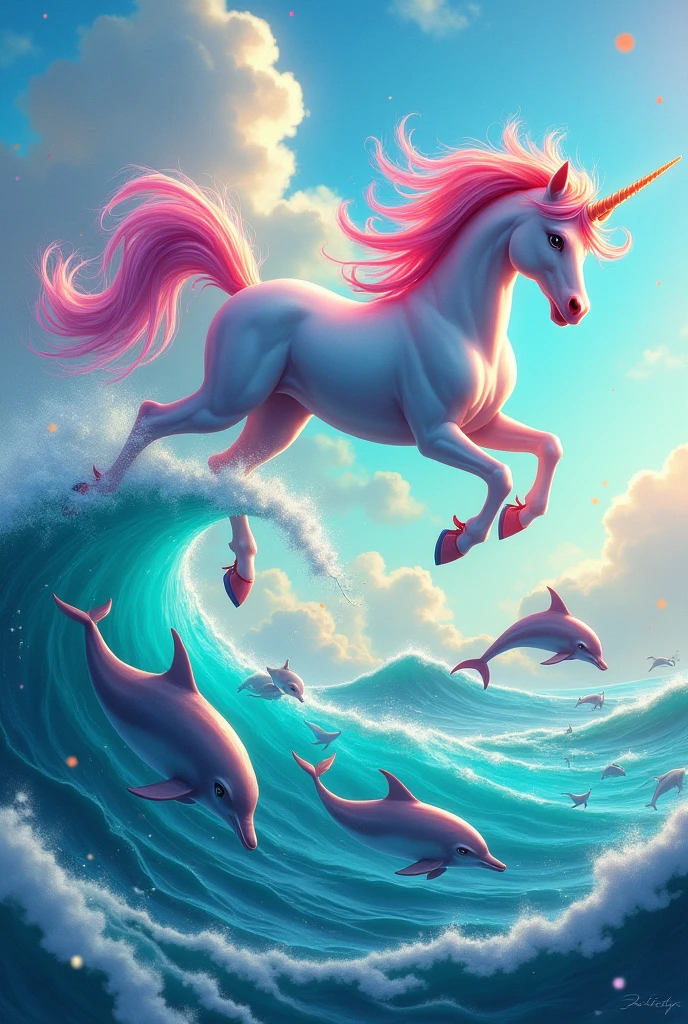 Colorful unicorn flying with dolphins swimming and many colors