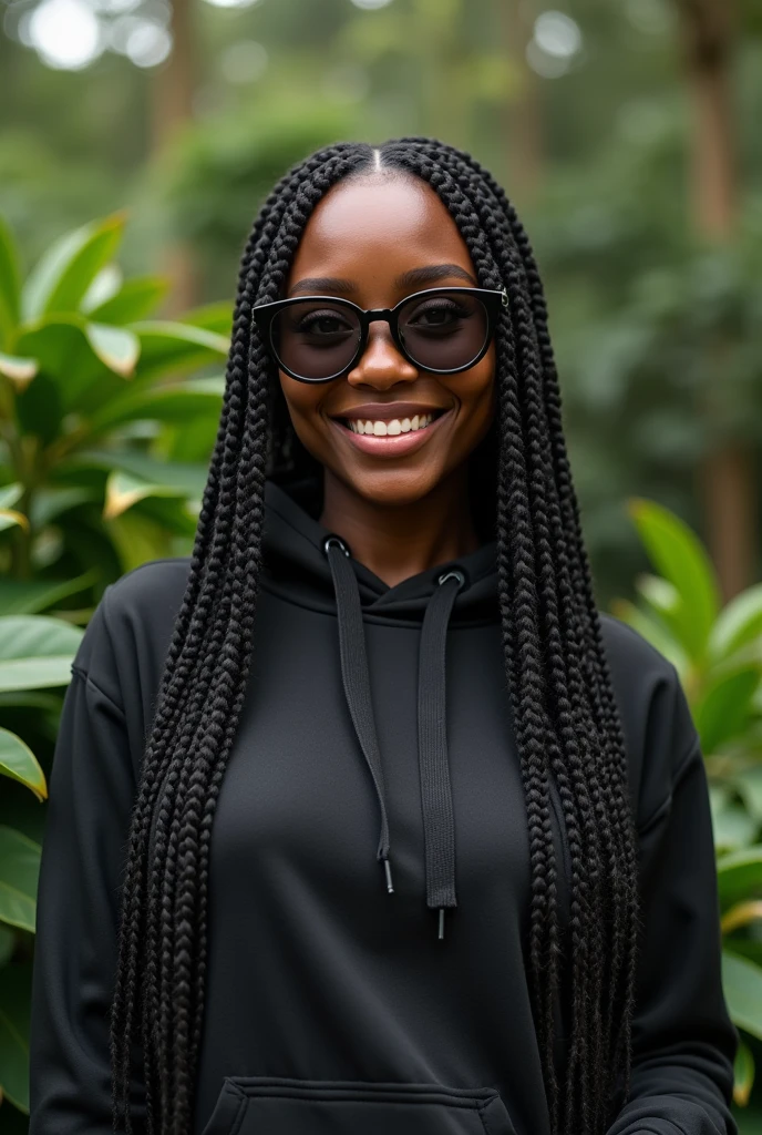 (photorealism:1.2), beautiful Kenyan woman,22 years,sharp boobs,smiling,wearing a fitting hoodie,long braids,oversized round photo chromatic strong prescription glasses with grey lenses, standing , realistic details,plants in background.cardi b inspiration