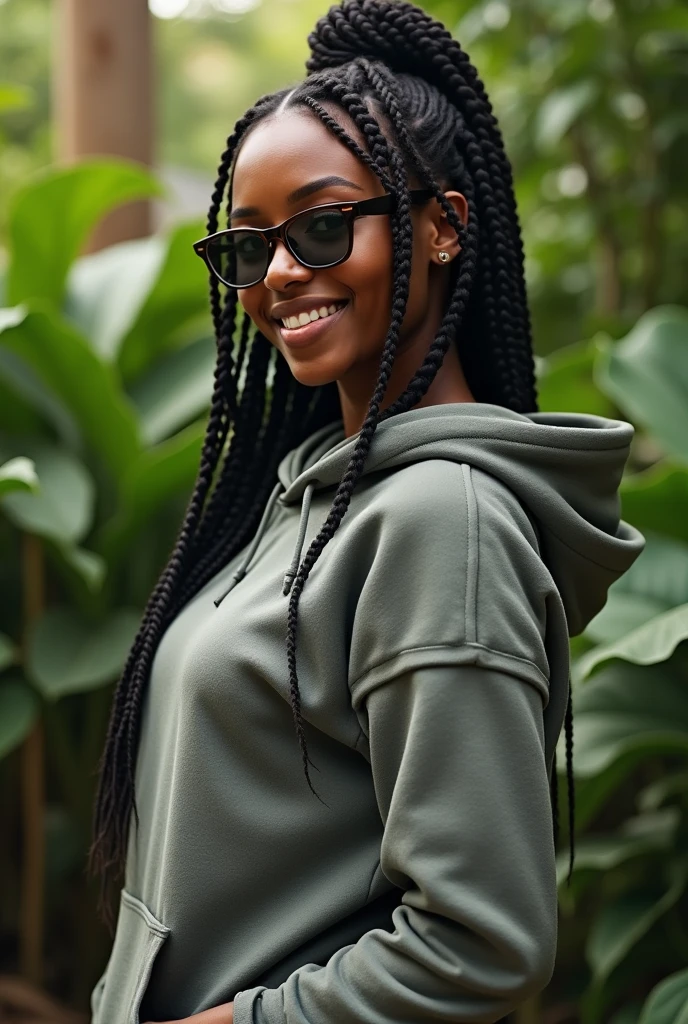 (photorealism:1.2), beautiful Kenyan woman,22 years,sharp boobs,smiling,wearing a fitting hoodie,long braids,oversized round photo chromatic strong prescription glasses with grey lenses, standing , realistic details,plants in background.cardi b inspiration