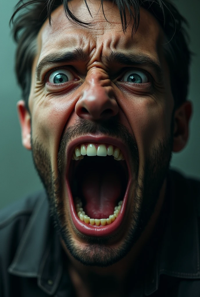 Caught in the throes of terror, the man’s eyes are wide with shock, pupils dilated, as if trying to comprehend the horror before him. His mouth is wide open, frozen in a soundless scream, with every line on his face etched with panic and dread