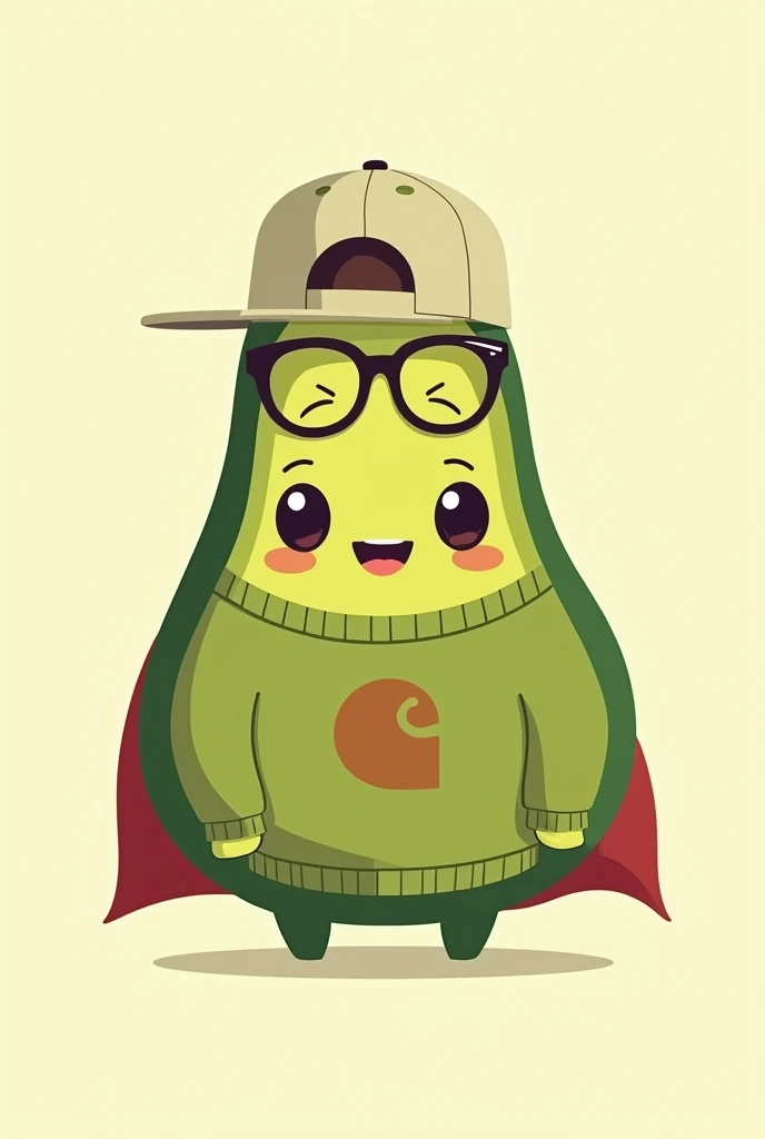 Cute Avocado Drawings (fruit) referring to a superhero with a Carhartt sweater and a backwards cap with glasses drawn in a minimalist logo style