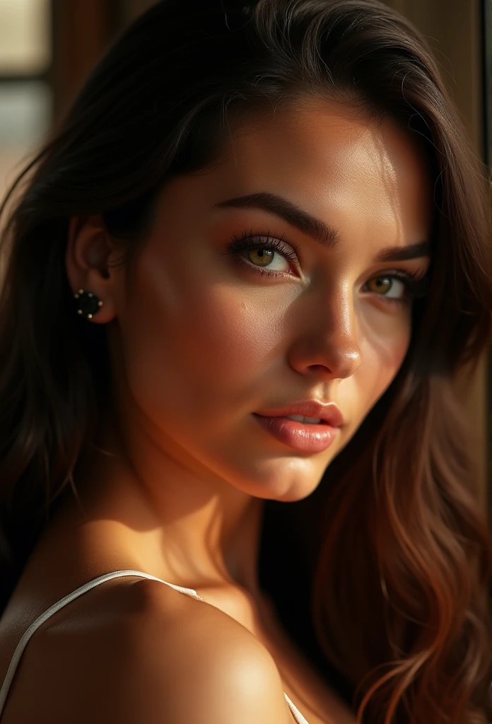 chubby, fat brunette, sexly, 90D, (best quality,4K,8k,high resolution,head of'artwork:1.2),ultra-detailed,(realistic,photorealistic,photo-realistic:1.37),HDR,studio lighting,Highly detailed face and body, portrait,Cinematic lighting,Dramatic lighting,warm color tones,couleurs dramatiques