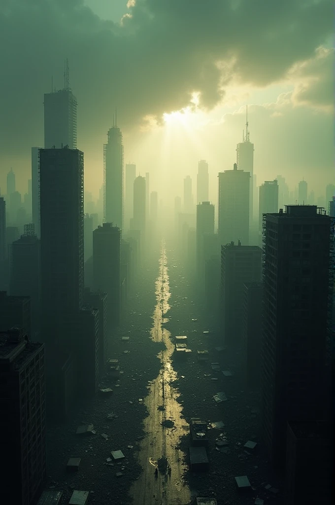 Distopic scenary of a destroyed city seen from above, with cloudy sky with sun light coming through the clouds