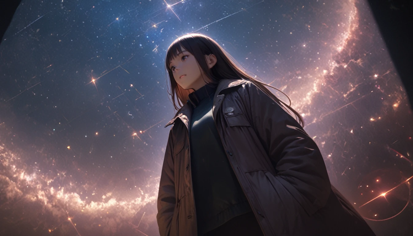 8k,wallpaper of extremely detailed CG unit, masterpiece,hight resolution,top-quality,top-quality real texture skin,hyper realisitic,increase the resolution,RAW photos,best qualtiy,highly detailed,the wallpaper,cinematic lighting,ray trace,golden ratio, BREAK ,many stars twinkling in a beautiful bright winter night sky, long exposure starry sky with many circular orbits, silhouette of a cute young woman with long hair with her hands in her coat pockets looking up at it, photo taken from long distance, photo from below, beautiful kaleidoscope multiple exposures overlapping