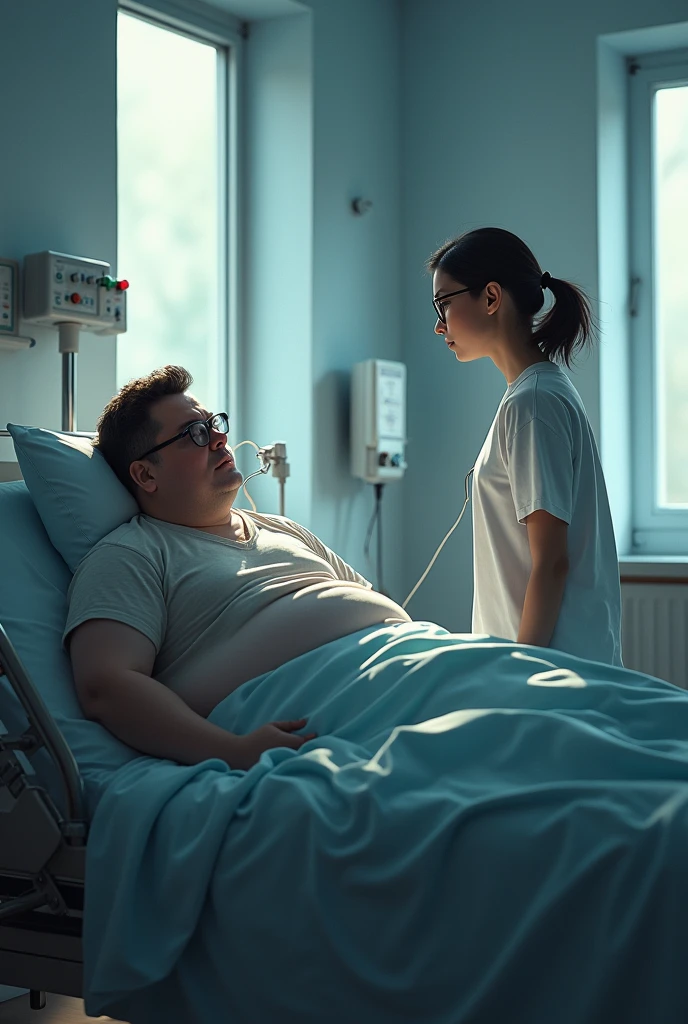 Overweight patient hospitalized with oxygen cannula and a young companion at her side