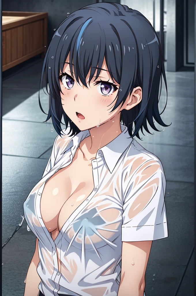((Highest quality, High resolution, Pixel perfect, 4K)), (1 person), (Beautiful Anime),
Observe the audience,
Perfect body, Adult women short hair , Bright blue hair 、Side part 、Super big breasts 、( Purple eyes ) 、 Detailed eyes、
(blush), Embarrassing 、Climax 、Please open your mouth slightly、Provocative look 、
(Very wet shirt 1.2) 、 The shirt shows through and the nipples are visible 、 Wet skew 、 Cleavage 、
Cowboy Shot 、 first round