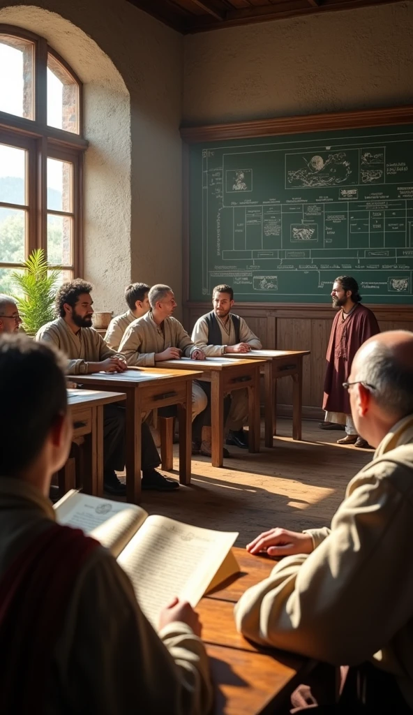 (photorealism:1.2), A timeline illustrating Galeno's influence with dates written, historians, in a medieval classroom, discussing how knowledge evolved over the centuries, wide shot, hyper-realistic, photo realistic, cinematography ar—9:16
