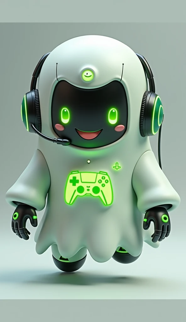 Create a medium-sized robot pet with a ghost-like appearance. With slightly rounded shapes resembling a drop. Create a medium-sized robot pet with a ghost-like appearance. With slightly rounded shapes resembling a drop. On your hands you have well defined fingers. His facial expression has large, green eyes with a glow, conveying a friendly and cheerful expression. He has a small open mouth with a happy smile and flushed cheeks.. Its body is white with small green details and a smooth, slightly shiny texture.. On his forehead is written the word "Soulgamer".He has a headset on his head with an adjustable microphone positioned close to his mouth.. And on his chest you can see the illuminated shape of a Playstation 5 controller in fluorescent green.. It floats in the air, as if he were ready for an adventure.