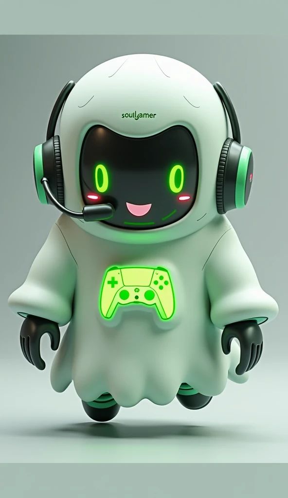 Create a medium-sized robot pet with a ghost-like appearance. With slightly rounded shapes resembling a drop. Create a medium-sized robot pet with a ghost-like appearance. With slightly rounded shapes resembling a drop. On your hands you have well defined fingers. His facial expression has large, green eyes with a glow, conveying a friendly and cheerful expression. He has a small open mouth with a happy smile and flushed cheeks.. Its body is white with small green details and a smooth, slightly shiny texture.. On his forehead is written the word "Soulgamer".He has a headset on his head with an adjustable microphone positioned close to his mouth.. And on his chest you can see the illuminated shape of a Playstation 5 controller in fluorescent green.. It floats in the air, as if he were ready for an adventure.